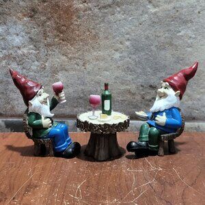 Miniature Garden Gnome Figurines Statue Set Wine Cheesecake